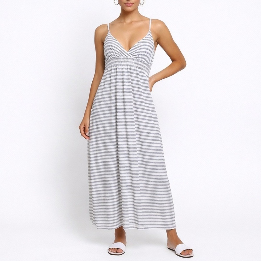 Old Navy Striped Maxi Dress Medium M Gray White Babydoll Empire Waist Modal Boho